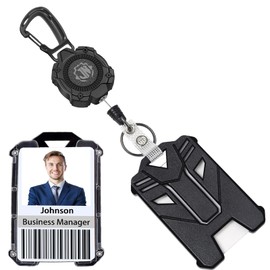 JNOMOW Retractable Badge Holder,Heavy Duty Retractable Keychain with Zinc Alloy Carabiner，Tacical ID Badge Holder,31.5 Steel Cord,9 oz Rebound (Black Keychain Style2 and Card Holder)