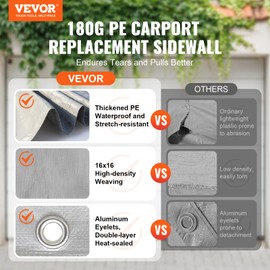 VEVOR Carport Replacement Canopy Cover Side Wall 12 x 20 ft, Garage Tent Shelter Tarp Heavy-Duty Waterproof & UV Protected, Easy Installation with Ball Bungees,Grey (Top and Frame Not Included)