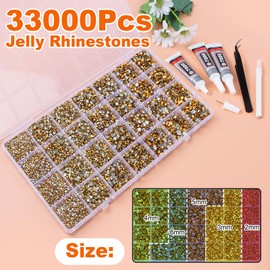33000Pcs Gold Resin Jelly Rhinestones for Bedazzling, 2-6mm Flatback Gems for Diamond Art, Bedazzler Kit with 3Pcs 10ml B7000 Jewelry Glue for Crafting Crafts Book Shoes Nail Art