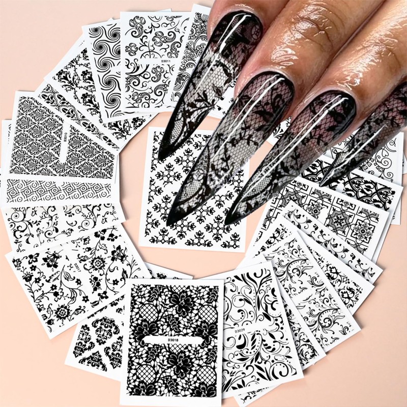 30 Sheets Black Lace Nail Stickers for Nail Art 3D