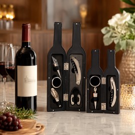 Wine Opener Gift Set for Entertaining – 5-Piece Stainless Steel Accessory Kit with Bottle-Shaped Case