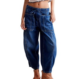 CHARTOU Women's Trendy Mid Rise Barrel Jeans Drawstring Boyfriend Denim Pants Harem Y2K Jeans with Pockets (Small,Dark Blue)