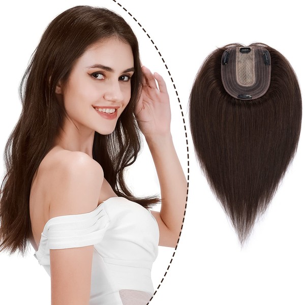 S-noilite Real Human Hair Topper Silk Base Clip in Topper Upgraded 130% Density Middle Part Remy Top Hair Piece for Women with Thinning Hair(10 Inch,#02 Dark Brown)