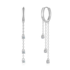Bewenda Hoop Earrings Silver Long Earrings Hanging 925 Sterling Silver Drop Earrings for Women, Hypoallergenic Long Tassel Chain Drop Earrings with White Cubic Zirconia, Dangle Dangle Earrings with