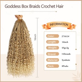 Ombre Blonde Goddess Box Braids Crochet Hair With Curly Ends 16 Inch Bohomian Box Braids Crochet Braids 8 Packs 3X Pre-Looped Crochet Braids Hair Extension for Women (8 Packs, 27613#)
