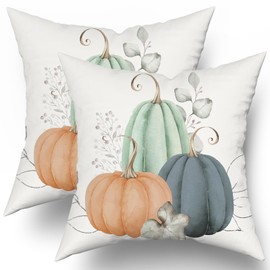 Fall Blue Orange Pumpkin Pillow Covers 18x18 Set of 2 Watercolor Pumpkins Throw Pillows Autumn Themed Decorations Thanksgiving Decorative Pillowcase Cotton Square Cushion Cover for Couch Sofa Bed