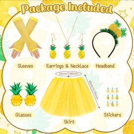 TOYTOPIE Ananas Kostüm Damen 7 Stück, Hawaii Tropisches Party Outfit mit Rock, Sonnenbrille, Handschuhen, Halskette und Haarreif, Lustiges Frucht Kostüm für Sommer, Karneval und Festival