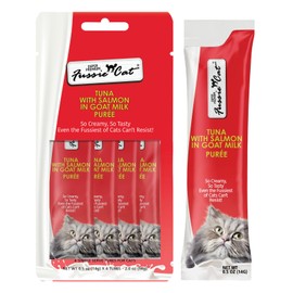 Fussie Cat Premium Tuna with Salmon in Goat Milk Puree, lickable cat Treats, 0.5oz Pouch Pack of 4