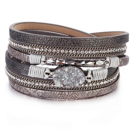 P Ammy Fashion® Bohemian Leather Wrap Bracelets Crystal Cuff Stackable Boho Bangles Double-Wrap with Magnetic Clasp (Double Wrap-Grey)