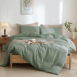 100% Washed Cotton Duvet Cover Set King Size 3 Pcs Breathable Durable Natural Wrinkle Linen Like Textured Bedding Set for Men Women Home Deco(Green, King)