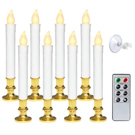 Wondise White Flameless Window Taper Candles Battery Operated with Remote and Timer, Flameless Flickering Window Candles with Gold Holders and Suction Cups Christmas Window Decoration(9”, Set of 8)