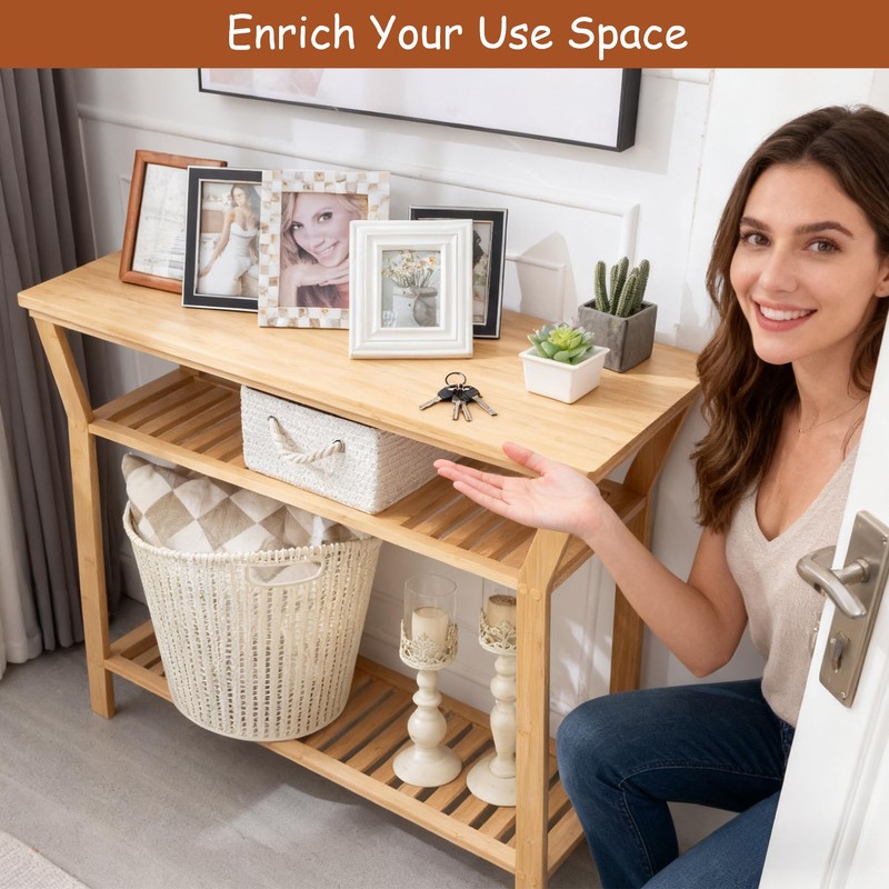 Nnewvante 38.6" Console Table, Bamboo Entryway Table with 3-Tier Storage