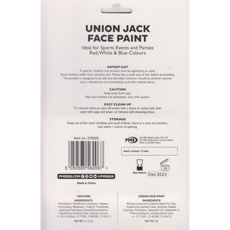 PMS Union Jack Face Paint & Crayons Red White &