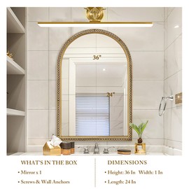 Fobule 24" x 36" Arch Wall Mirror, Antique Gold Metal Beaded Frame Bathroom Mirror, Vintage Classic Distressed Hanging Mirror for Vanity Mantel Entryway Living Room