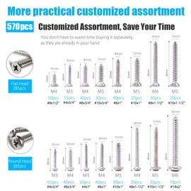 CASAON 570Pcs Self Tapping Screws Assortment Set, M3/M4/M5/M6 304 Stainless Steel Sheet Metal Screws Kit, Phillips Drive Wood Screw Assortment 570pcs (285pcs Round Head and 285pcs Flat Head)