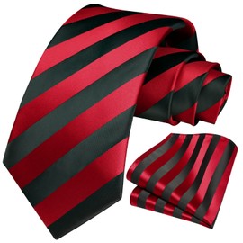 HISDERN Mens Tie Striped Ties and Handkerchief Set Business Formal Woven Pocket Square Wedding College Stripe Necktie, A-red Black, One Size