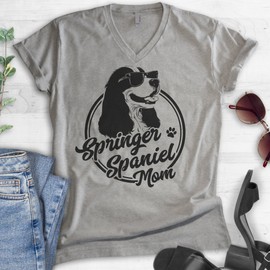 EVERTREE CLOTHING Springer Spaniel Mom V-Neck T-Shirt, Unisex Women's, English Springer Spaniel Owner Funny Dog Gift, Dark Heather Gray, Small