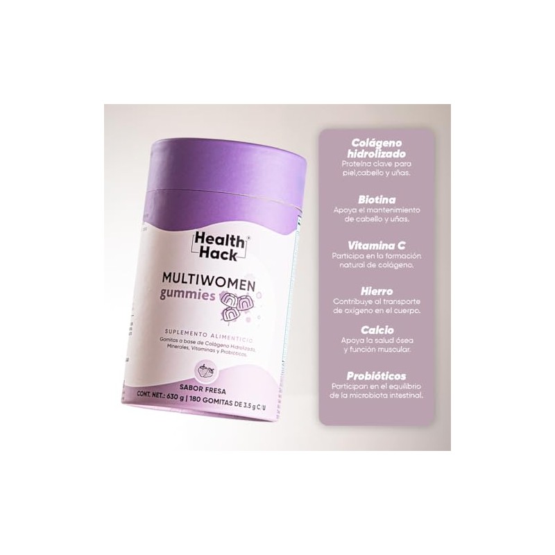 Health Hack Multi Women Gomitas Multivitamínico Mujer Sabor Fresa Ingredientes