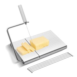 Malataqin Stainless Steel Cheese Slicer, Multipurpose Cheese Cutter and Cutting Board with 5 Replacement Wires, Tightness Adjustable Cheese Slicer for Block Cheese, Butter