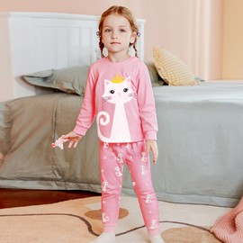 EULLA Girls Pyjamas Long Sleeves Kids Cat Cotton Pjs Kitty Autumn Nightwear Toddler 4-5 Years