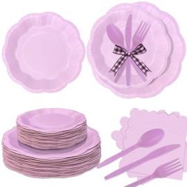 168 Pcs Purple Party Plates and Napkins Set, Light Purple Disposable Plates Include 9” & 7” Scalloped Paper Plates, Napkins, Cutlery (Forks, Knives, Spoons) for Birthday, Wedding, Baby Shower