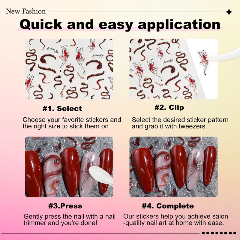 3 Sheets Snake Nail Art Stickers 3D Self-Adhesive Snake Sun