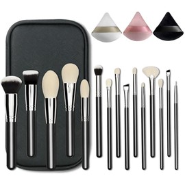 Professional Natural Travel Goat Hair Makeup Brushes with case, 15Pcs Kabuki Face Powder & Eye Makeup Brush set With Ultra Soft Premium Dense Hair, Valentines Day Gifts