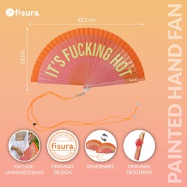 FISURA Original fan with text "It's f*cking hot". Colourful wooden hand fan, reversible and modern. Pink and orange gradient. Includes hanger. Dimensions: 42.5 x 23 cm