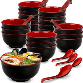 LOSYHU 20 Pack Miso Soup Bowls with Spoons, 16 Oz Japanese Melamine Noodle Bowl Unbreakable Miso Soup Cereal Bowls or Ramen, Udon, Soba, Pho (Black/Red)
