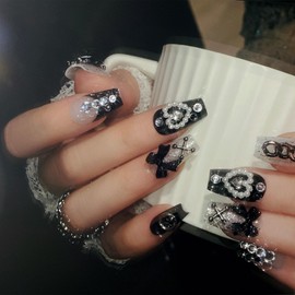 IMSOHOT Black Press on Nails Medium Coffin Fake Nails French Glossy Glue on Nails Full Cover Y2K Bow & Rhinestone Designs Handmade Artificial Stick on Ballerina Nails for Women Girls 24Pcs