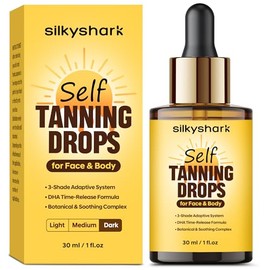SilkyShark Facial Self Tanning Drops (1 Fl Oz), Tanning Drops for Face & Body, Gradual Bronzing Effect, Lightweight Tanner for Sensitive Skin, Natural Sun-Kissed Glow, Dark Shade