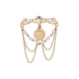 Knighthood Gold Engraving Bar with Hanging Engraved Coin Imitation Pearl Chain Detailing Metal Lapel Pin Badge Coat Suit Jacket Wedding Gift Party Shirt Collar Accessories Brooch for Men