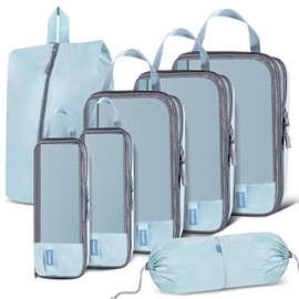Shaggie 7 Pcs Compression Packing Cubes Set, Packing Cubes Travel Organizer for Travel Essentials, Packing Organizers for Carry-on Suitcase- Lake Blue