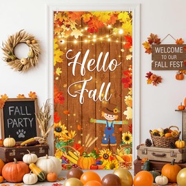 Fall Door Banner Cover Hello Fall Pumpkin Leaves Hanging Banner Scarecrow Autumn Photo Background Thanksgiving Party Decorations Supplies for Home School Classroom 35.4 x 70.8 Inch