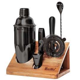 Black Mixology Bartender Kit Cocktail Shaker Set by Barillio: Drink Mixer Set with Bar Tools, Bamboo Stand Cocktail Mixer Liquor Pourers Mojito Muddler Mixing Spoon Jigger Recipes Booklet