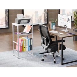 GEORIS Industrial Printer Stand 3 Tier, Home Printer Wood Table with Wire Storage Shelf for Scanner Fax Machine, Heavy Duty Metal, White with White Board