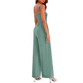 KIRUNDO Womens Jumpsuit 2024 Summer Casual Loose One Piece Overalls Smocked Sleeveless Wide Leg Rompers With Pockets(Light Green, Medium)