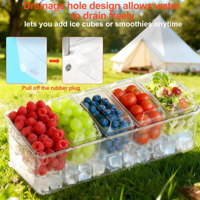 Large Ice Chilled Condiment Caddy，Chilled Condiment Containers Server with Lids