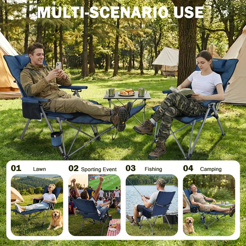 Folding Reclining Camp Chair with Footstool for Camp, Picnic, Lawn,