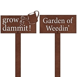 Shimeyao 2 Pcs Rustic Grow Dammit Garden Sign and Detachable Garden of Weedin' Sign Stake, Outdoor Metal Decor Funny Gardening Mothers Gift for Mom Mother Grandma Women Men Gardener, 18.5 H