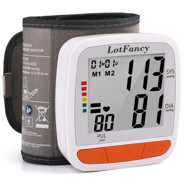 LotFancy Blood Pressure Monitor Wrist Cuff, Automatic Digital BP Monitor with Irregular Heartbeat Detector, 2 Users, 180 Reading Memory, BP Machine with Large LCD Display for Home Use