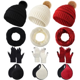 Liitrsh 12 Pcs Winter Beanie Hat Scarf Gloves Set Knitted Beanie Hat Circle Scarves Gloves Earmuff for Women Men(No Plush,Black, White, Wine Red)