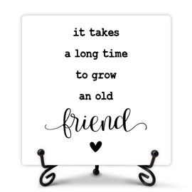 Funny Desk Decor, It Takes a Long Time to Grow an Old Friend Wooden Sign with Stand, Cute Desk Cubicle Accessories, Desk Decor for Women, Funny Signs for Office Bedroom Desk Decoration Shelf-A29