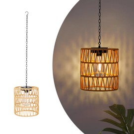 Livinlarge Solar Chandelier Lantern,Outdoor Rattan Pendant Lights,Waterproof Boho Hanging Lamps with Edison Bulb for Gazebo Tree Porch Yard Porch Patio Garden Backyard Decor