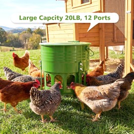 Tgeyd Metal Bucket Chicken Feeder, 20LB Large Capacity Poultry Feeder with 12 Feeding Ports & Dual-Cone No-Waste Design, Adjustable Height & Foldable for Storage, Rust-Proof for Chickens, Ducks, Quail