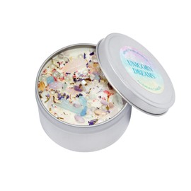 Unicorn Candle by New Moon Beginnings - Dried Flower & Crystal Candles - Soy Candles - Glitter Unicorn Candle - Angel Aura Quartz, Aquamarine, Rose Quartz - (8 Ounce Metal Tin)