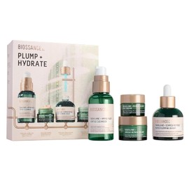 Biossance Plump and Hydrate Skincare Set Limpiador espumoso suave con aminoácidos y aloe, crema para ojos con algas marinas, suero rellenador rápido con péptidos de cobre y humectante Omega para el