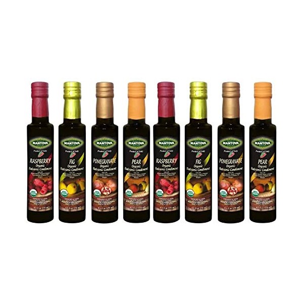 Mantova Organic Flavored Balsamic Vinegar of Modena 4-Variety Pack: Fig Pear Pomegranate & Raspberry; Perfect for Gift Basket Add to Pasta Salad Ice Cream and Cocktails 8.5 oz per bottle Pack of 2