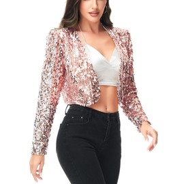 ANNA-KACI Womens Shiny Sequin Long Sleeve Glitter Cropped Blazer Bolero Shrug, Rose Gold, Medium