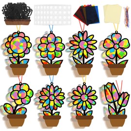Lonfliness 32 Sets Spring Flower Suncatchers Crafts Kit DIY Flower Pot Stained Glass Effect Paper Spring Floral Craft for Home School Classroom Decor Kid Birthday Gifts Creative Art Projects Activity